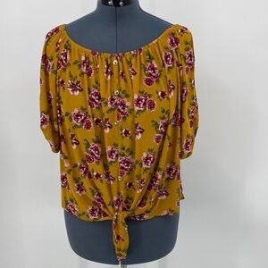 IVY ROSE SIZE 2X Chic Floral Women's Blouse in Mustard and Burgundy FLORAL